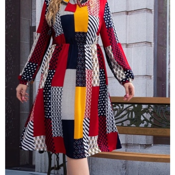 PATCHWORK VIVID  WITH STRETCH ALL DAY   LONG SLEEVE NECK TIE DRESS - Picture 8 of 13